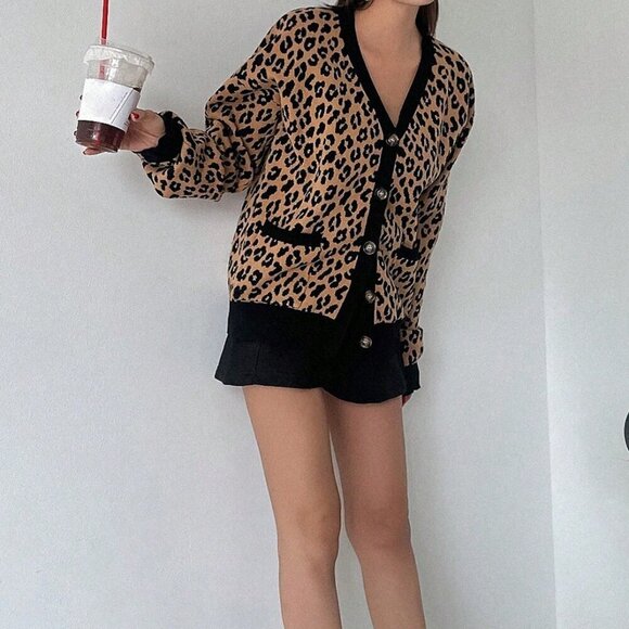 Brown Casual Women's Loose Fit Leopard Print Open Front Cardigan - Picture 2 of 6